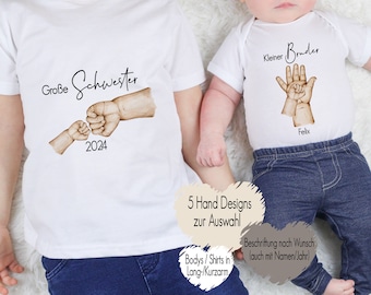 5 Hands Designs |T-Shirt Baby Body Pregnancy Announcement Siblings | big brother little sister | Children's shirt personalized name