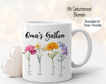 Tasse Omas Garten Geburtsmonat Blumen mit Namen personalisiert | Kinder Enkel Namenstasse Kaffee Geschenk minimalistisch Muttertagsgeschenk