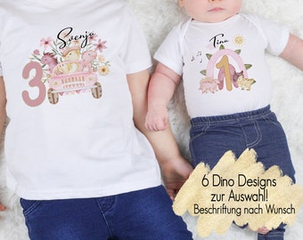 6 Rosa Dino Designs Auswahl | Geburtstagsshirt T-Shirt Body Geburtstag Mädchen | Kindershirt Langarmshirt personalisiert Bügelmotiv Jungle