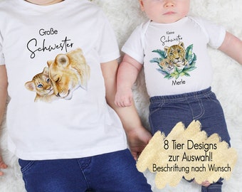 8 Designs | T-Shirt große kleine Schwester | Schwangerschaftsverkündung Geschwister | personalisiert Statement Bügelmotiv Löwe Tiger Fuchs