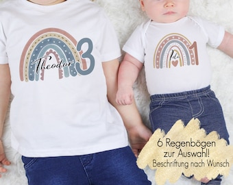 6 Regenbogen| Geburtstagsshirt Body jedes Alter T-Shirt erster Geburtstag | Mädchen Junge Kindershirt Langarmshirt personalisiert Bügelmotiv