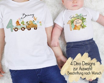 4 Dino Designs zur Auswahl | Geburtstagsshirt T-Shirt Body Geburtstag Jungen Boy | Kindershirt Langarmshirt personalisiert Bügelmotiv Jungle