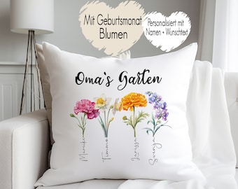 May include: White pillow with the text " Oma's Garten" and a floral design with five flowers. Each flower is labeled with a name: Maririke, Timma, Jarissa, Svenja.