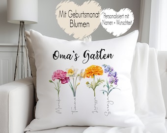 Deko Kissen Omas Garten Geburtsmonat Blumen mit Namen personalisiert | Kinder Enkel Namenskissen Geschenk Oma Mama | Muttertagsgeschenk