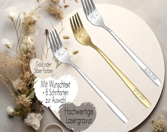 Kuchengabel Mr Mrs Herz personalisiert zur Hochzeit | Gabel Gold Silber Farben mit Gravur | Hochzeit Geburtstag Jahrestag Brautpaar Geschenk