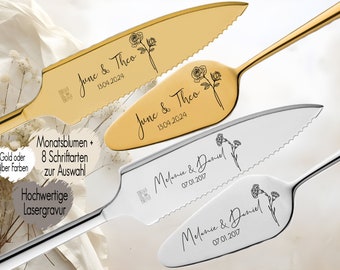 Tortenheber o. Tortenmesser Set personalisiert | Gravur Wunschtext | Geschenk zur Hochzeit | Jahrestag | Monatsblumen Gold o. Silber
