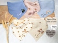 Baby scarf personalized with name + graphic | Triangle scarf baby gift for birth | Muslin bib burp cloth | Rainbow heart animals product logo