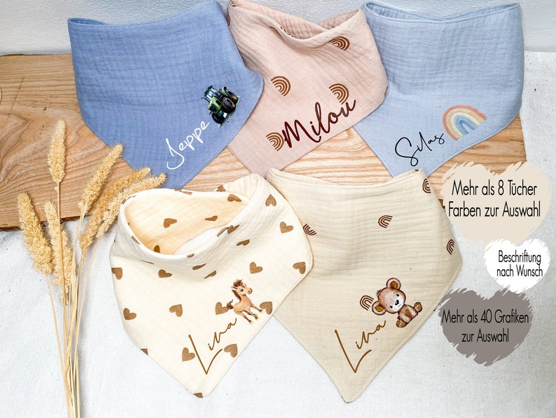 Halstücher personalisiert mit Name + Grafik | Musselin Lätzchen Dreieckstücher | Regenbogen Herz Tiere | verschiedene Farben + Schriftarten
