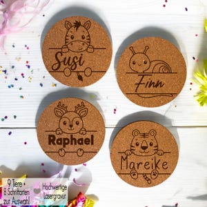 Kork Untersetzer für Gläser personalisiert Gravur Kinder Glasuntersetzer Taufe Gastgeschenk Mitgebsel Geburtstag Platzkarte Waldtiere Bär