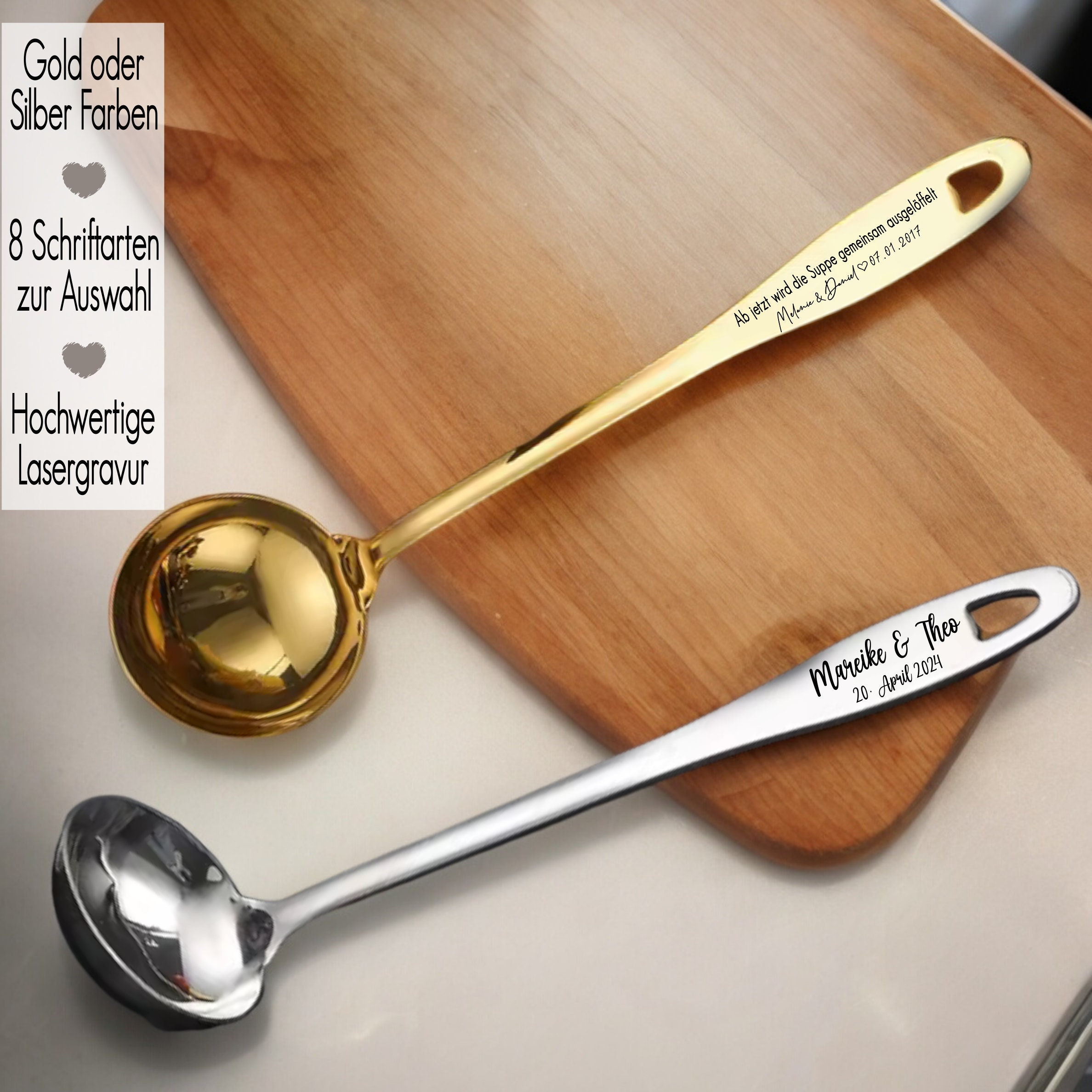 Schöpflöffel personalisiert mit Namen & Wunschtext | Gravur Suppenkelle Gold o. Silber | Geschenk zur Hochzeit Suppe gemeinsam ausgelöffelt