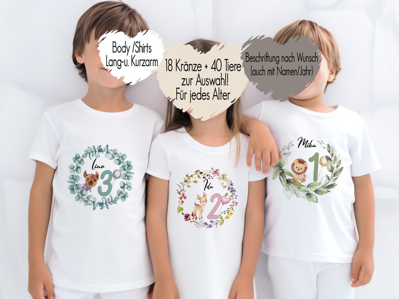 18 Kränze 40 Tiere Geburtstagsshirt jedes Alter 1-15 T-Shirt erster Geburtstag Kindershirt Langarmshirt personalisiert Namen Bügelbild Bild 1