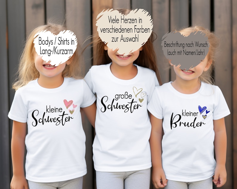 Weißes T-Shirt große Schwester mit Herzen Baby Body kleiner Bruder Bügelmotiv Geschwister Outfit Kindershirt personalisiert mit Namen Bild 1