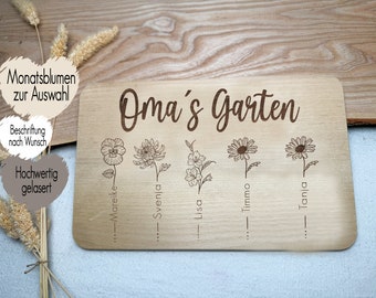 Frühstücksbrett personalisiert mit Name Kinder Enkel | Schneidebrett Lasergravur | Geschenk Oma Mama | Geburtsmonat Blumen | Omas Garten