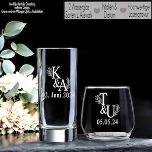 Trinkglas mit Gravur Initalien Datum personalisiert Wasserglas Monogramm Geschenkidee Hochzeit Geschenk Einzug Geburtstagsgeschenk Paare