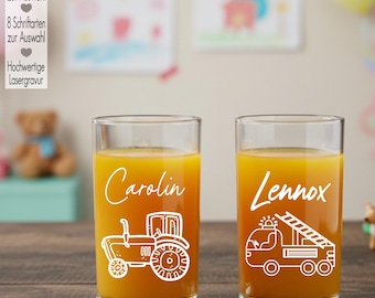 Kindertrinkglas mit Gravur Name Motiv personalisiertes Kinderglas Geschenkidee für Jungen Mädchen zum Geburtstag Fahrzeuge Traktor Flugzeug