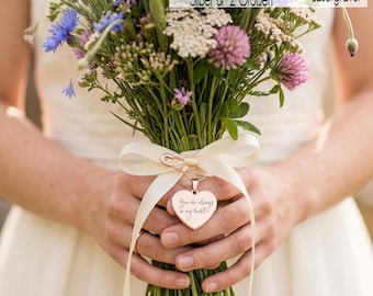 Memorial Bridal Bouquet Pendant | Engraved Heart Charm for Weddings | Memorial Pendant with Personalized Text Always Loved in My Heart Forever Memories