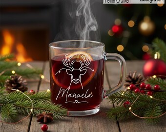Personalized glass mug with handle, engraved with name | Glass mug, mulled wine mug, punch mug | Winter Christmas gift, fineline reindeer