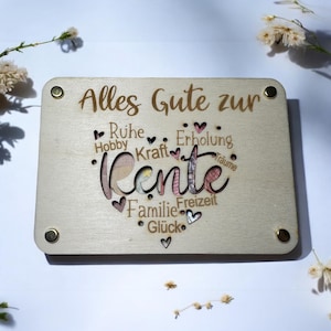 Geldgeschenk Karte | Rente Pension Geschenk | Holzkarte Geschenkkarte aus Holz | Geschenkverpackung Mitarbeiter Ruhestand Herz Familie Ruhe