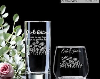 Personalized drinking glass with engraved name | Farewell gift for a teacher, thank you from the children for helping grow flowers