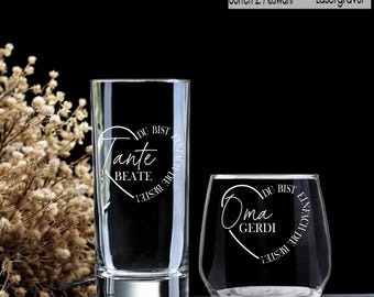 Personalized drinking glass with name, heart, and a special message | Engraved glass for aunt | Personalized water glass for grandma, gift idea for aunt, you are the best family