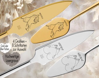 Tortenheber inkl. Tortenmesser im Set personalisiert | Gravur Wunschtext | Geschenk zur Hochzeit | Jahrestag | Hände Love Gold o. Silber