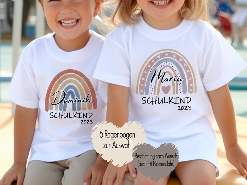 T-Shirt Schulkind Regenbogen Einschulung Erstklässler Einschulungsshirt Erster Schultag Schulanfang Mädchen Junge mit Namen 2024 Bild 1