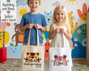 Personalized bag with name, animal motif, and rainbow design | Fabric bag for children, change of clothes for kindergarten | Children's bag for boys and girls