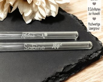 Glass straws personalized | Drinking straw with engraving wedding gift with name monthly flower | Gift idea baptism celebration glass straw