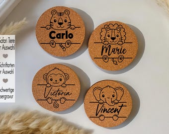 Cork coasters for glasses personalized engraving children's glass coasters baptism gift party favor birthday place card forest animals bear