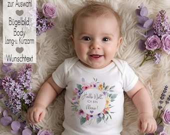 Personalized baby bodysuit with name iron-on transfer | Baby announcement | Baby gift for girls and boys | I'm here | Newborn