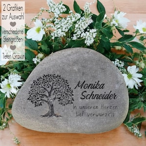 Könnte beinhalten: Ein grauer Stein mit Gravur, der ein Baumdesign und den Namen "Monika Schneider" zeigt. Der Text "In unseren Herzen tief verwurzelt" ist ebenfalls eingraviert. Weiße Blumen und Grünzeug sind im Hintergrund.