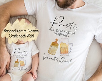 Vatertagsgeschenk Babybody Baby Body T-Shirt Bügelbild Erster Zweiter Vatertag Geschenk | Prost Papa Vater Sohn Tochter Outfit | Bier Milch