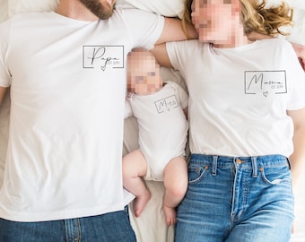 Familien Outfit T-Shirt Baby Body oder Bügelmotiv | Mama Papa Baby Kind Mini | Fotoshooting Geschenk Eltern Rechteck schlicht mit Herz