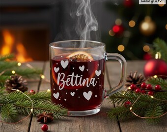 Personalized glass mug with handle, engraved with name | Glass mug for mulled wine or punch | Winter Christmas gift with hearts