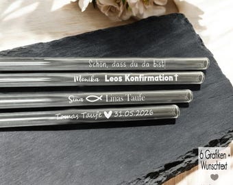 Glass straw with engraving | Drinking straw, party favor for baptism, communion & confirmation | Place card for guests, glass straw with fish, dove, and cross, Christian
