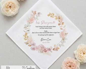 Personalized fabric handkerchief for parents at their wedding | Handkerchief for tears of joy | Church, registry office, wedding gift, flowers, wreaths