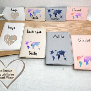 4 Weltkarten Grafiken | Set Reisepasshülle + Kofferanhänger Map | Reisen Koffer Flitterwochen Hochzeit Geschenk | Name personalisiert