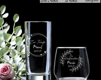 Trinkglas mit Gravur Gastgeschenk Konfirmation Kommunion mit Name personalisiert Wasserglas Geschenkidee zur Taufe für Jungen Mädchen Kränze