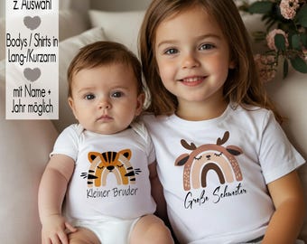 Großer Bruder T-Shirt Body Bügelbild kleine Schwester | Schwangerschaftsbekanntgabe | Geschwister Outfit personalisiert Name Tiere Tiger Reh