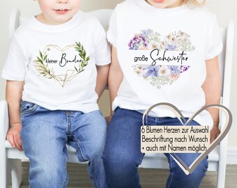 6 Blumen Herz Motive T-Shirt Baby Body Bügelmotiv | Geschwister Outfit | große kleine Schwester Bruder | Kindershirt personalisiert Name