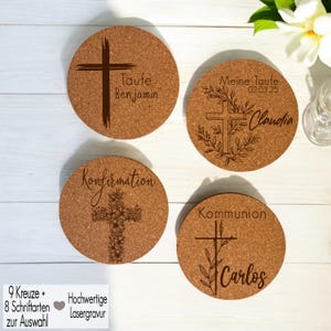 Kork Untersetzer für Gläser personalisiert Gravur Glasuntersetzer Taufe Kommunion Namensschilder Platzkarten Konfirmation Gastgeschenk Kreuz
