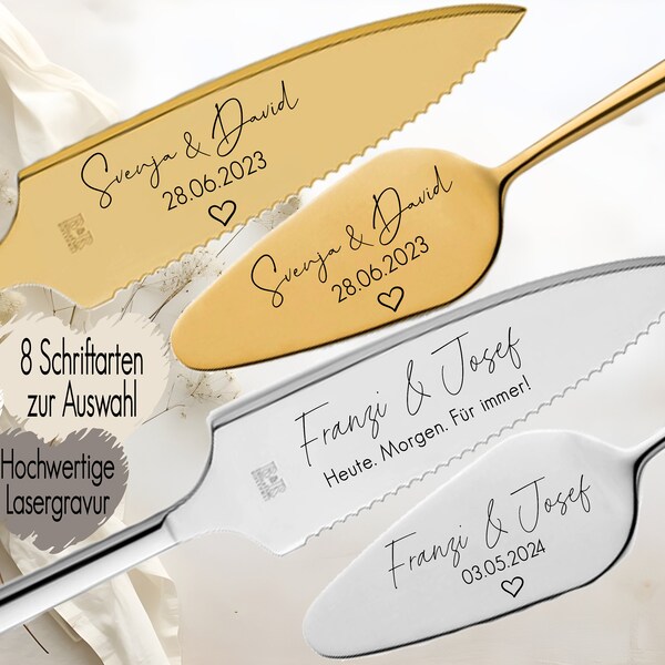 Tortenheber o. Tortenmesser Set personalisiert | Gravur Wunschtext | Geschenk zur Hochzeit | Jahrestag | Namen mit Herz Gold o. Silber
