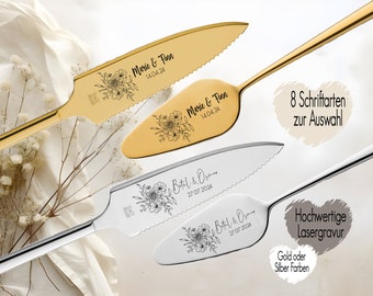 Personalized cake server including cake knife in a set Engraving of desired text | Wedding gift | anniversary | Flower bouquet gold or silver