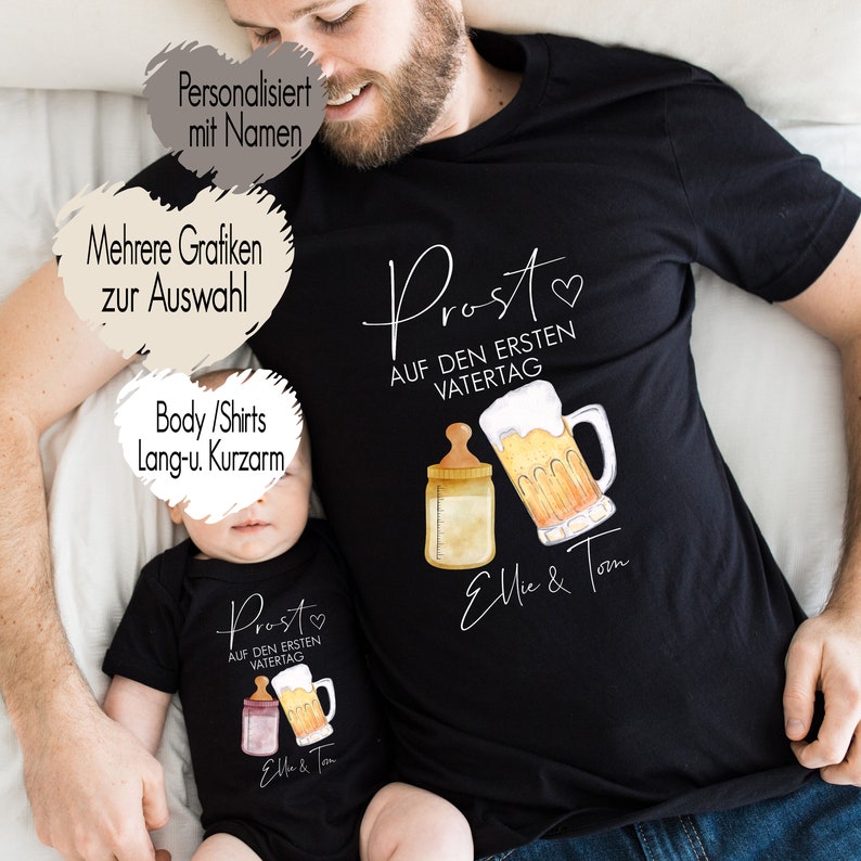 Father's Day Gift Baby Body Baby Body T-Shirt Iron-On Image First Second Father's Day Gift Cheers Dad Father Son Daughter Outfit Beer milk image 1