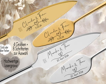 Tortenheber o. Tortenmesser Set personalisiert | Gravur Wunschtext | Geschenk zur Hochzeit | Jahrestag | Namen Herz Gold o. Silber