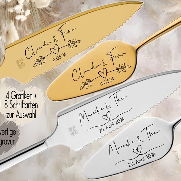 Tortenheber o. Tortenmesser Set personalisiert | Gravur Wunschtext | Geschenk zur Hochzeit | Jahrestag | Namen Herz Gold o. Silber