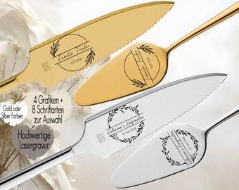 Cake server including cake knife in a set personalized | Engraved with your desired text | Wedding gift | Anniversary | Wreath Flower Gold or Silver