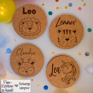 Kork Untersetzer für Gläser personalisiert Gravur Kinder Glasuntersetzer Taufe Gastgeschenk Mitgebsel Geburtstag Platzkarte Tiere Löwe Reh