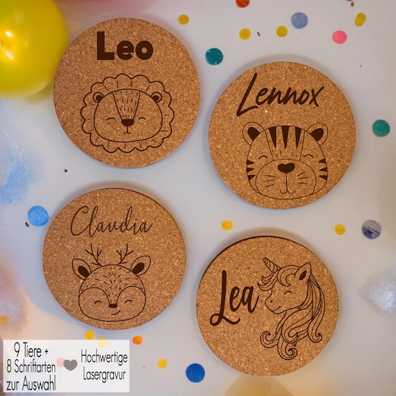 Kork Untersetzer für Gläser personalisiert Gravur Kinder Glasuntersetzer Taufe Gastgeschenk Mitgebsel Geburtstag Platzkarte Tiere Löwe Reh