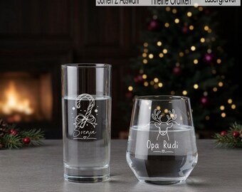Christmas water glass with engraving, personalized drinking glass with name | Christmas gift for family & friends, fineline star reindeer chalkboard